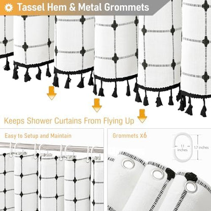 BTTN Stall Boho Farmhouse Linen Shower Curtain Set, 36x72, White and Black