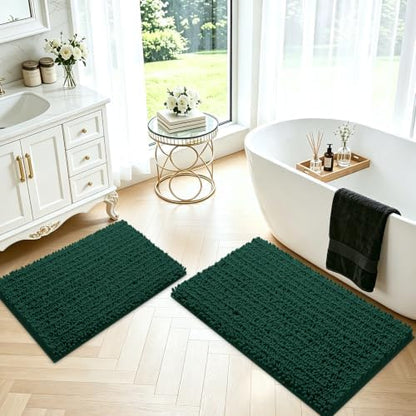 ACCUMTEK Upgrade Luxury 2 Piece Deep Green Toilet Bathroom Rug Mat 32"x20"+24"x17", Ultra Soft Thick Absorbent Bath Mats, Non Slip Chenille Toilet Mat for Bathroom, Bedroom, Kitchen, Shower, Tub