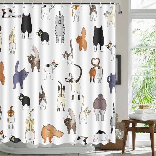 MEHOFOND Funny Cat Shower Curtain Cute Cartoon Cats Bathroom Decor