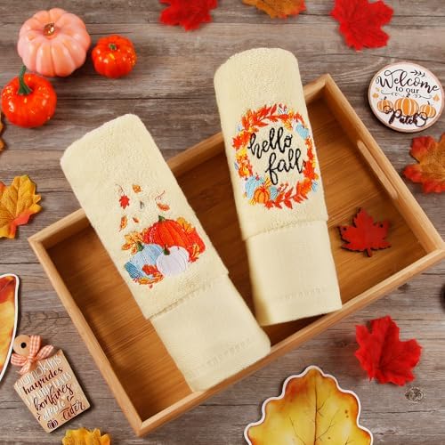 Quera 2 Pack Fall Hand Towels Autumn Blue Pumpkin Thanksgiving Embroidered Premium Luxury Decor Hello Fall Bathroom Decorative Dish Set for Drying Cleaning, Cooking 13.7 "x 29.5"