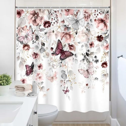 Grey Pink Floral Butterfly Spring Summer Bathroom Shower Curtain Set