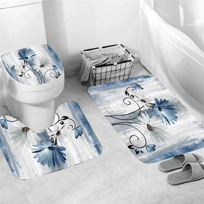NBVKO 4PCS Rustic Blue Flower Farmhouse Shower Curtain Set,Waterproof Blue Daisy Floral Bathroom Decor Accessory Set