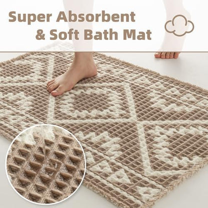 PADOOR-Waffle Bathroom Runner 24"x48", Super Absorbent Bath Mats for Bathroom, Machine Washable Non Slip Bath Rug with Tassels, Soft Bath Mat for Laundry Room, Bedroom, Brown & Cream, 2'x 4'