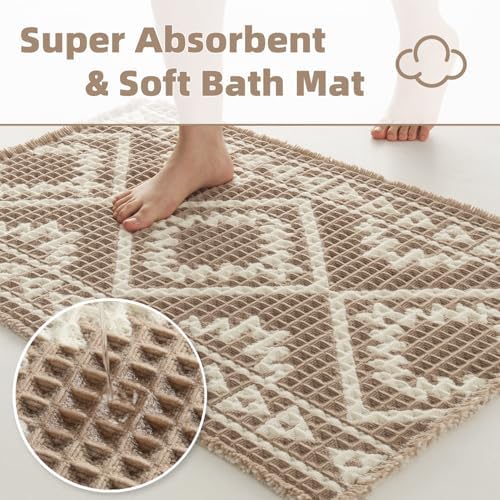 PADOOR-Waffle Bath Mat-Super Absorbent Bath Mats for Bathroom, Machine Washable Non Slip Bathroom Rug with Tassels, Soft Bathroom Mat for Laundry Room, Bedroom, Brown & Cream, 17"x28"