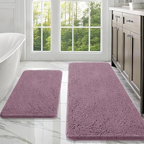 OLANLY Chenille Bathroom Rugs Mats Sets 2 Piece, 47"x20"+30"x20", Deep Plum