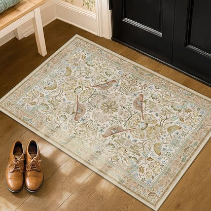 Beige Boho Bathroom Rugs 2x3 Washable Non Slip - Soft Low Pile Small Throw Rug for Entryway, Kitchen, Powder Room - Unique Farmhouse Bird & Pattern Botanical Decorative Door Mats