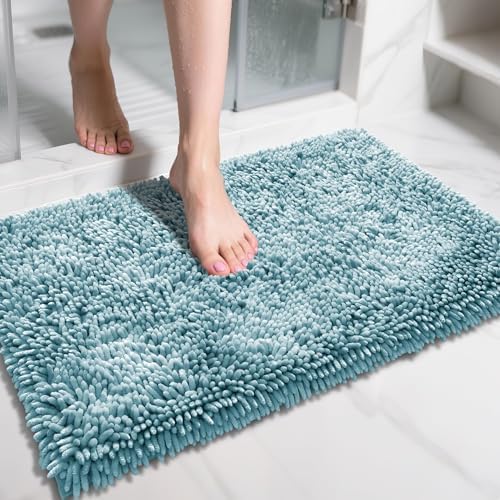 Yimobra Chenille Bathroom Rugs Non Slip, Extra Thick Soft Absorbent Bath Rug 31.5x20 Inch, Machine Washable Quick Dry Bath Mat for Bathroom Floor, Tub and Shower, Home Decor Accessories, Greyish Blue