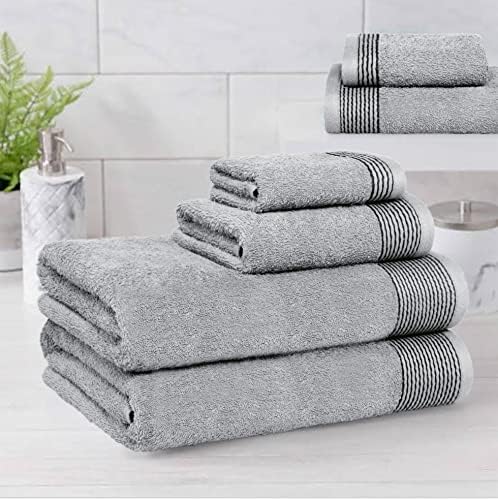 Belizzi Home 100% Cotton Ultra Soft 6 Pack Towel Set, Contains 2 Bath Towels 28x55 inchs, 2 Hand Towels 16x24 inchs & 2 Washcloths 12x12 inchs, Compact Lightweight & Highly Absorbant - Light Grey
