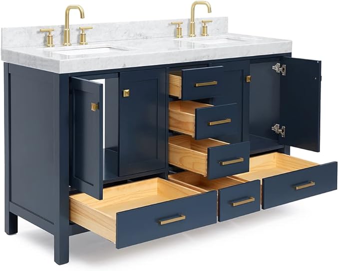 ARIEL Cambridge 60-inch Bathroom Vanity with Sink,Solid Wood, 2-inch Italian Carrara Marble Countertop, Double Rectangular Porcelain Sink, 4 Soft Closing Doors, 6 Dovetail Drawers, Midnight Blue
