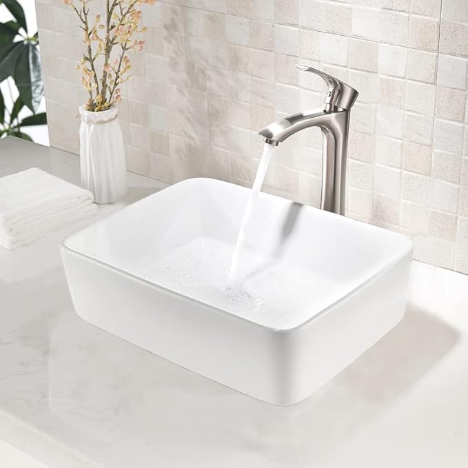 16 Inch White Vessel Sink,16x12 Bathroom Sink Rectangular Above Counter White Vessel Vanity Sink Porcelain Ceramic Countertop Bathroom Vessel Sink Art Basin with Faucet and Drain Combo