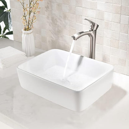 16 Inch White Vessel Sink,16x12 Bathroom Sink Rectangular Above Counter White Vessel Vanity Sink Porcelain Ceramic Countertop Bathroom Vessel Sink Art Basin with Faucet and Drain Combo