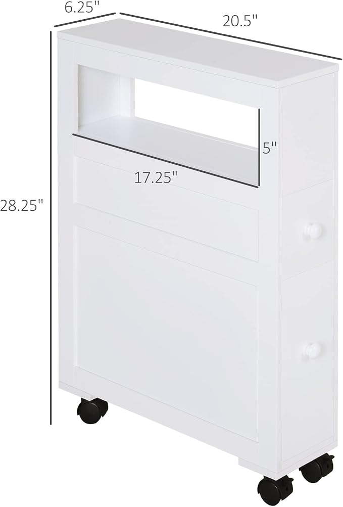 HOMCOM 6.25" x 20.5" x 28.25" Wood Rolling Narrow Bathroom Side Storage Cabinet - White