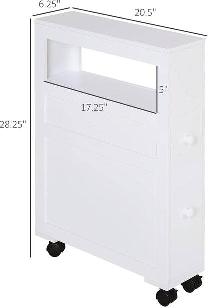 HOMCOM 6.25" x 20.5" x 28.25" Wood Rolling Narrow Bathroom Side Storage Cabinet - White