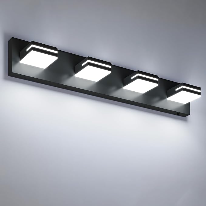 VOLISUN Modern 30-Inch Black Bathroom Vanity Light Fixtures, 4-Light, Cool White LED, Wall Mount, Touch Control