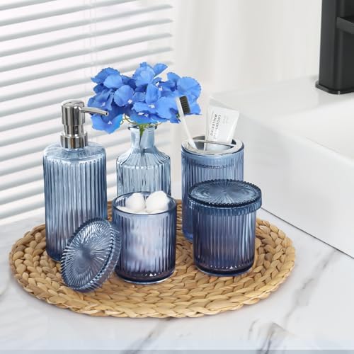 Blue Bathroom Accessories 5 Pcs, Glass Bathroom Accessory Set, Vintage Blue Bathroom Set, Royal Soap Dispenser and Toothbrush Holder Set, Qtip Holder, Small Flower Vase, Modern Bathroom Decor