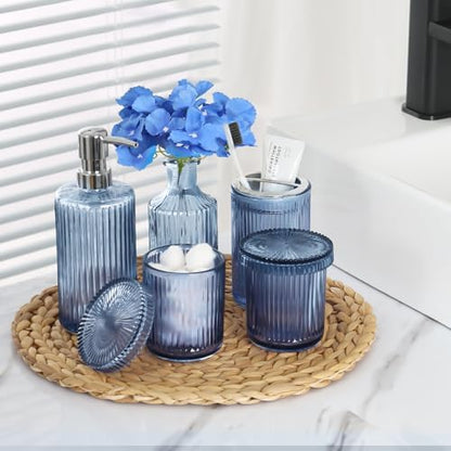 Blue Bathroom Accessories 5 Pcs, Glass Bathroom Accessory Set, Vintage Blue Bathroom Set, Royal Soap Dispenser and Toothbrush Holder Set, Qtip Holder, Small Flower Vase, Modern Bathroom Decor