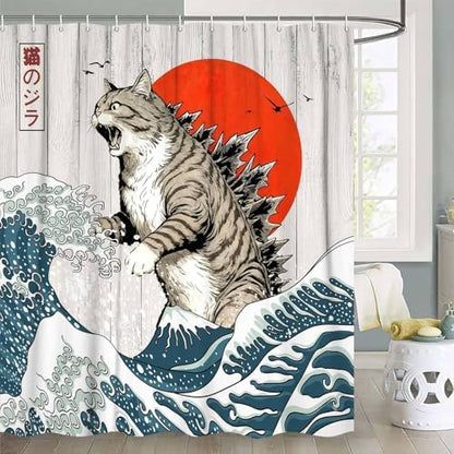 JAWO Funny Cat Shower Curtain, Japanese Ocean Wave Cat Fun Shower Curtain Nautical Kids Children Rustic Wooden Farmhouse Shower Curtains, 60X70inch
