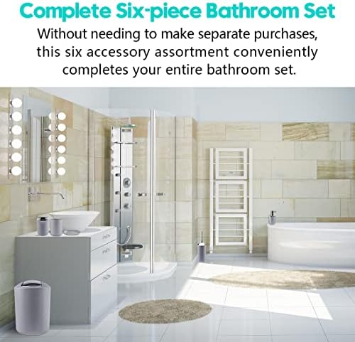 Compact 6-Piece Grey Plastic Bathroom Accessories Set with Small Trash Can, Soap Dispenser, Toothbrush Holder, Cup, Soap Dish, Toilet Brush for Guest Bathroom Dorm Apartment