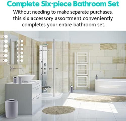 Compact 6-Piece Grey Plastic Bathroom Accessories Set with Small Trash Can, Soap Dispenser, Toothbrush Holder, Cup, Soap Dish, Toilet Brush for Guest Bathroom Dorm Apartment