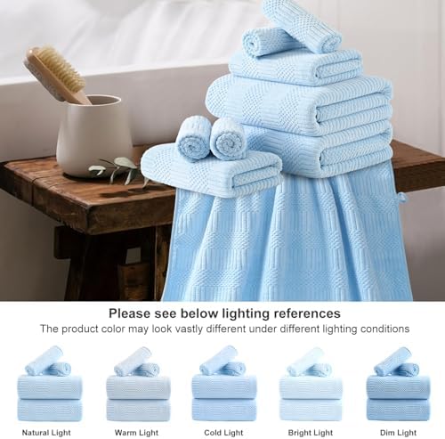 18 Pcs Blue Woven Family Towels Set-6 Bath Sheets,6 Hand Towels,6 Washcloths Soft Microfiber Towels Absorbent Shower Towel Quick Dry Beach Chair Towel Lint Less Towels Set for Bathroom Spa Gym Hotel