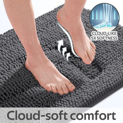 Striped Grey Toilet Bathroom Rug Mat Bath Mat Set 2 piece Ultra Soft, Non Slip Chenille Bath Rugs, Absorbent Plush Shaggy Bath Mats for Bathroom, Bedroom, Kitchen, Shower, Tub,Dark Gray, Charcoal