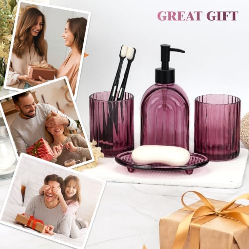 Bathroom Accessories Set, 4Pcs Glass Bathroom Accessories Set Complete, 13.5OZ Lotion Soap Dispenser, Toothbrush Holder, Mouthwash Cup, Soap Dish for Bathroom Decor, Countertop Organizer (Purple)