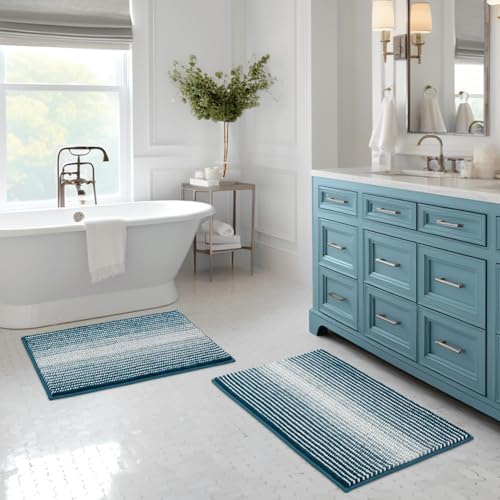 BSICPRO Bathroom Rugs Sets 2 Piece, Non Slip Striped Bath Mats, Teal