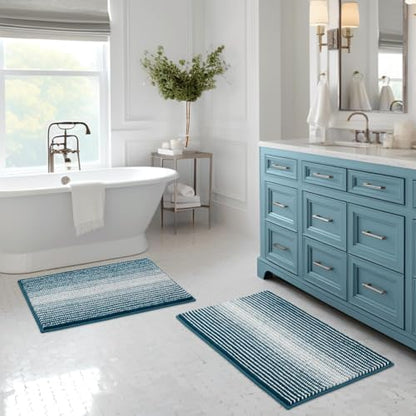 BSICPRO Bathroom Rugs Sets 2 Piece, Non Slip Striped Bath Mats, Teal