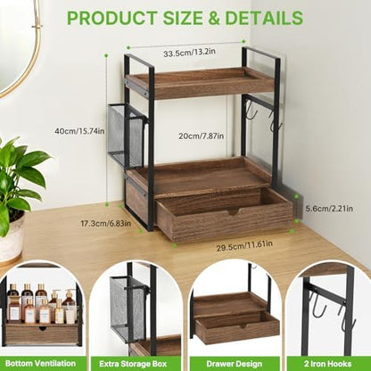 2-Tier Bathroom Counter Organizer with Drawer Basket and Hooks, Wood Bathroom Organizers and Storage for countertop, Farmhouse Dark Brown Countertop Organizer, Counter Shelf for Vanity Kitchen Office