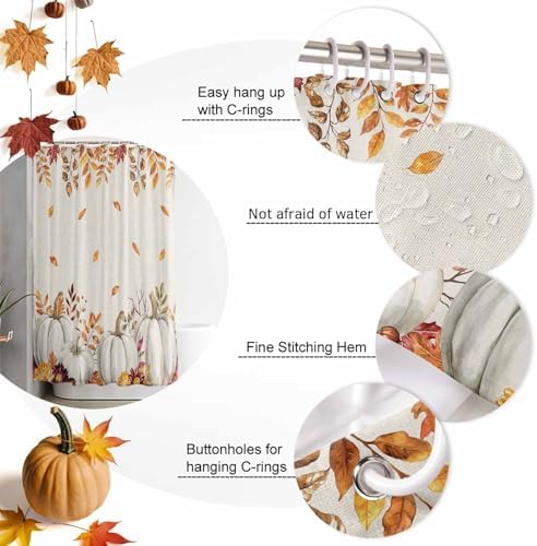 Shower Curtain Bathroom Set Thanksgiving Pumpkin Fall Orange Maple Leaf Watercolor Waterproof Shower Curtains with Grommets Hooks Vintage Linen Privacy Bath Curtain for Bathtub Decor 72x78in