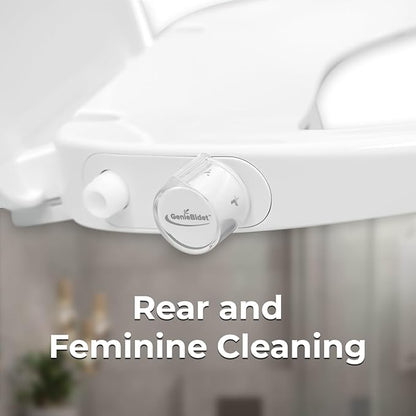 GenieBidet Bidet Toilet Seat Elongated - Dual Nozzles with T adapter & Bottle - Adjustable Water Pressure & Slow Close Bidet Seat Elongated with No Wiring & Easy Installation