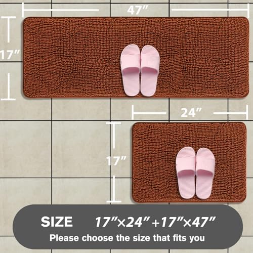 Bathroom Rugs Sets 2 Piece – Absorbent and Washable Bath Mat, Non-Slip, Thick Soft Chenille Bath Rugs for Bathroom Floor, Shower, Sink(17" x 24"+17" x 47", Rust)