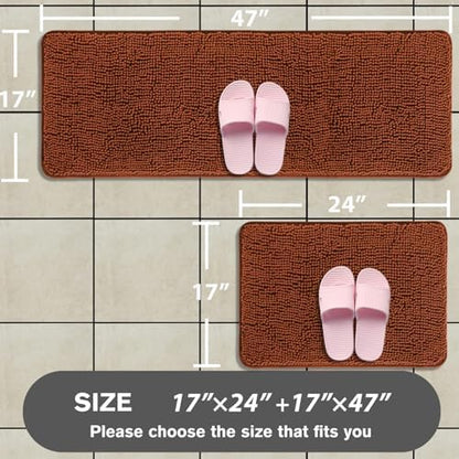 Bathroom Rugs Sets 2 Piece – Absorbent and Washable Bath Mat, Non-Slip, Thick Soft Chenille Bath Rugs for Bathroom Floor, Shower, Sink(17" x 24"+17" x 47", Rust)