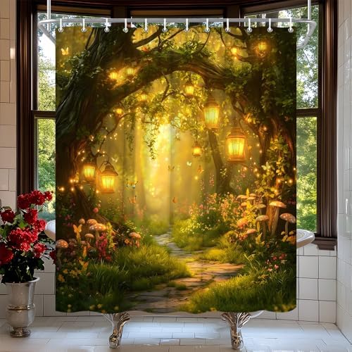 Fantasy Forest Path Shower Curtain Yellow Fairy Magical Enchanted Misty Jungle Mushroom Floral Tree Butterfly Lantern Wonderland Bath Curtain Fabric Bathroom Accessories Decor with Hooks 60W x70L