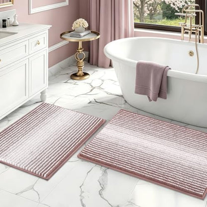 BSICPRO Bathroom Rugs Sets 2 Piece, Non Slip Striped Bath Mats, Mauve Brown