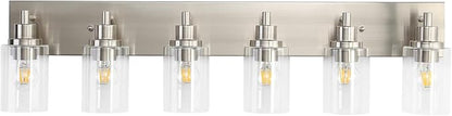LOUSACE 6 Light Bathroom Vanity Light Brushed Nickel, Bathroom Lighting Fixtures with Clear Glass Shades Over Vanity Mirror, Modern Wall Sconces Fixtures for Bedroom Living Room, E26 Socket