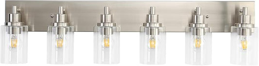 LOUSACE 6 Light Bathroom Vanity Light Brushed Nickel, Bathroom Lighting Fixtures with Clear Glass Shades Over Vanity Mirror, Modern Wall Sconces Fixtures for Bedroom Living Room, E26 Socket