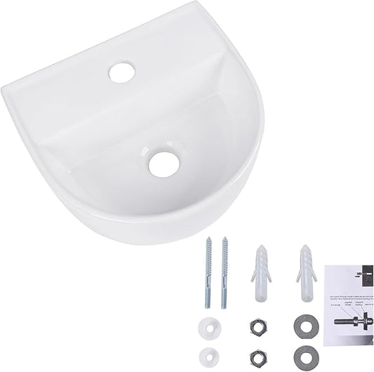 Wall Hung Bathroom Vessel Sink, QISHKA 12.5" X 11.5" Semi-Oval Floating Ceramic Wash Hand Basin White Wall Mount Vanity Sink for Small Bathroom and Small Cloakroom