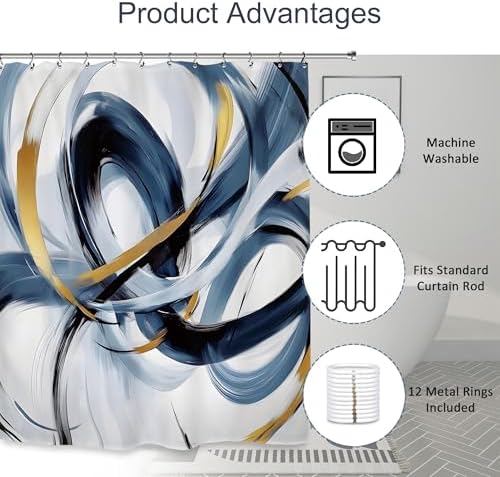 Abstract Navy Blue Shower Curtain 60Wx72L Inch Modern Neutral Minimalist Contemporary Art Bathroom Set Accessories Decor with 12 Pack Hooks