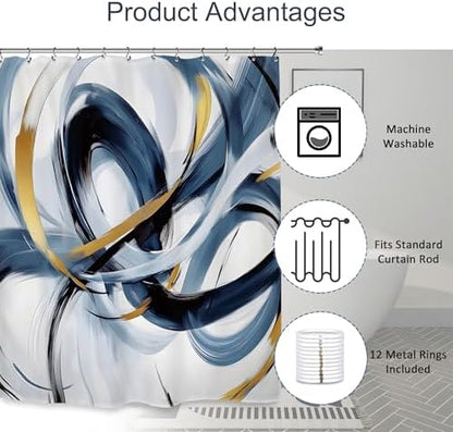 Abstract Navy Blue Shower Curtain 60Wx72L Inch Modern Neutral Minimalist Contemporary Art Bathroom Set Accessories Decor with 12 Pack Hooks