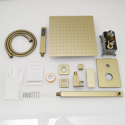 Shower Faucet Set Complete, Wall Mount Shower System for Bathroom 12 Inch High-Pressure Rainfall Shower with Handheld, Rough-in Valve Body and Trim Kit, Brushed Gold