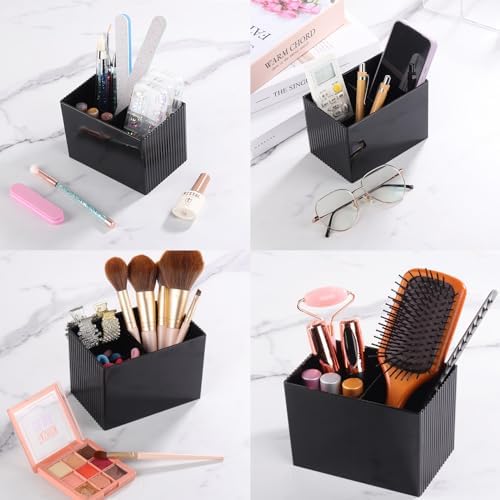 Qtip Holder with Bamboo Lids, 3 Compartments Cotton Ball/Swabs Dispenser, Apothecary Jar Plastic Container for Storage and Organizer (Black)