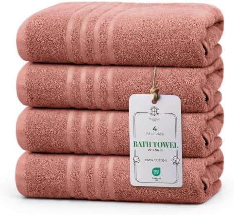 CORE 4-Piece Cotton Bath Towels for Bathroom | Value Pack, Soft, Absorbent, Quick-Dry, Lightweight, Minimalist, 27x54 in, Dune Red
