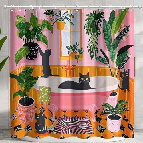 Funny Cat Shower Curtain Boho Cute Fun Black Cats Matisse Shower Curtains for Bathroom Kitten Green Tropical Plant Leaves Pink Orange Yellow Waterproof Fabric Bath Curtain Decor 72 X 78 Inches