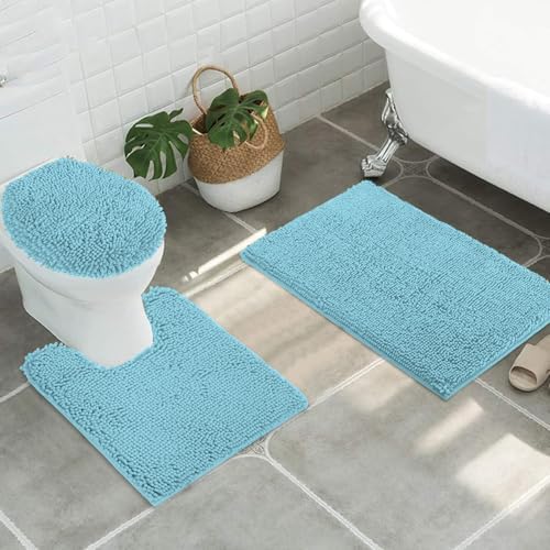 Standard 3pc Set Chenille Bath Mats, Includes 21"x24" U-Shaped Contour Toilet Rug, 21"x34" Inches Bathmat and 1 Toilet Lid Cover, Plush Absorbent Bath Mats Quick Dry, Spa Blue