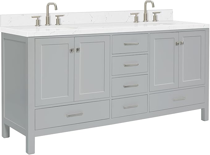 ARIEL Cambridge 72-inch Bathroom Vanity with Sink,Solid Wood, 1.5-inch Carrara White Quartz Countertop & Backsplash, Double Oval Porcelain Sink, 4 Soft Closing Doors, 6 Dovetail Drawers, Grey