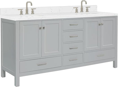 ARIEL Cambridge 72-inch Bathroom Vanity with Sink,Solid Wood, 1.5-inch Carrara White Quartz Countertop & Backsplash, Double Oval Porcelain Sink, 4 Soft Closing Doors, 6 Dovetail Drawers, Grey