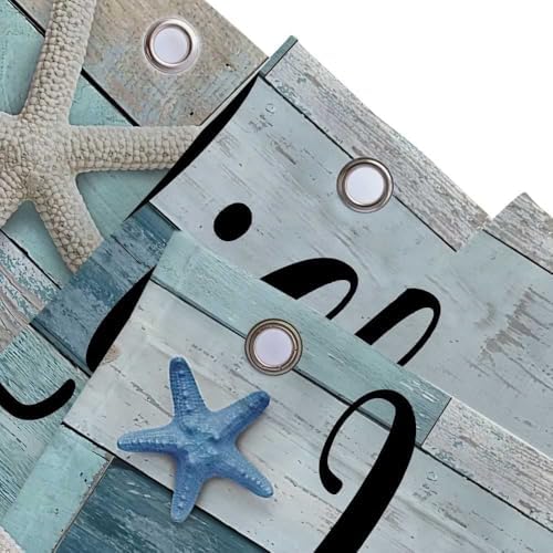 Beach Shower Curtain, Rustic Vintage Wood Ocean Quote Words Summer Fabric Decor Bath Curtain, Nautical Coastal Starfish Theme Bathroom Curtain Accessories with Hooks 47X64in