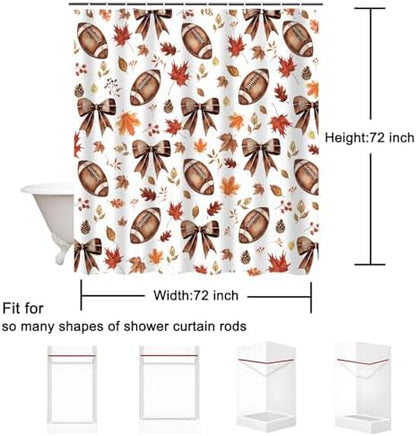 Fall Shower Curtain, Football Maple Leaves Bow Autumn Thanksgiving Funny Bathroom Decor, 72 x 72 Inch Polyester Fabric Waterproof Bathroom Curtain with 12 Hooks