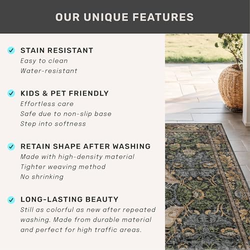 10 ft Long Vintage Runner Rugs for Hallways - 3x10 Wide Kitchen Runners, Entryway Rug, with Flowers and Leaves, Washable Non Slip Low Pile